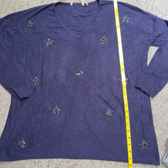 Soft Surroundings Embellished Star Blue V Neck Sweater Womens Size L 4th July - Picture 5 of 9